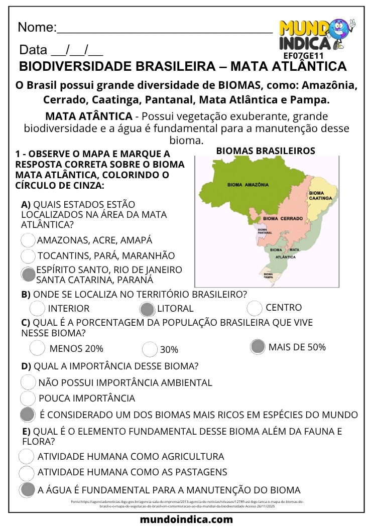 Atividade de Geografia 7º Ano sobre Biodiversidade Brasileira e Mata Atlântica (EF07GE11)