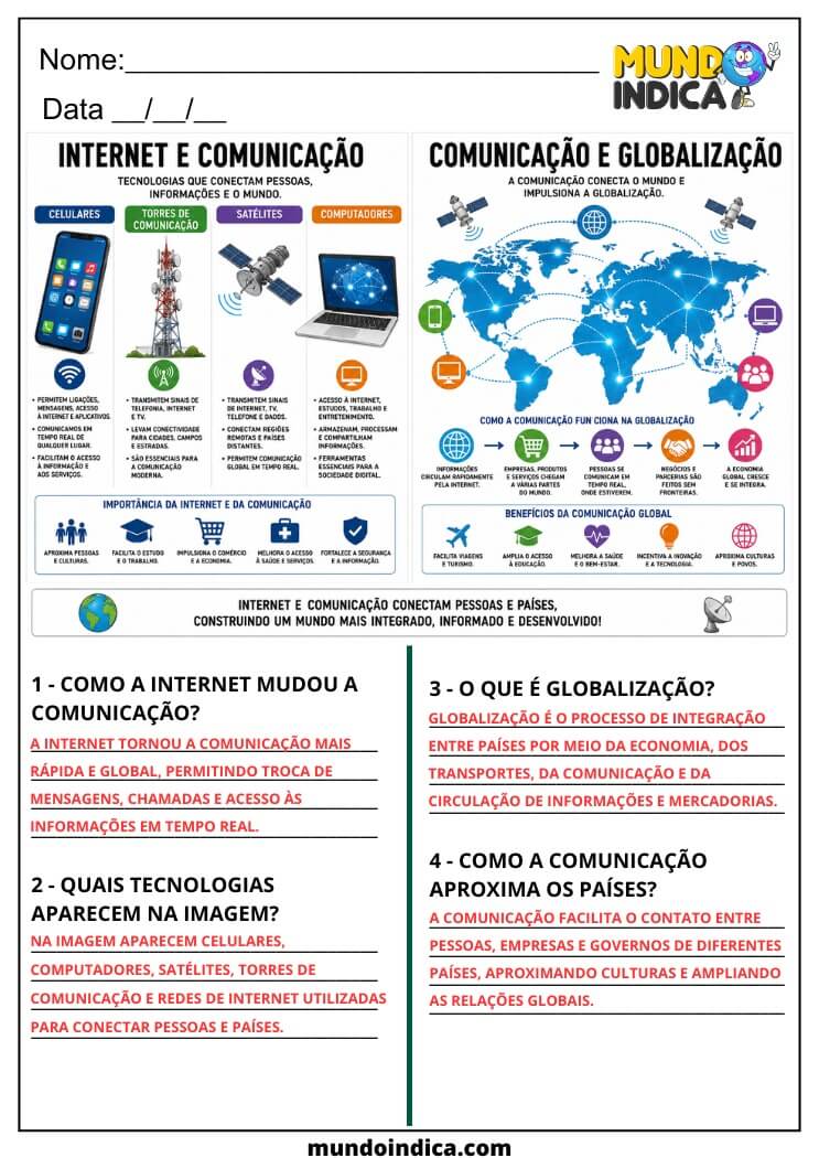 Atividade de Geografia 7º Ano sobre Comunicação, Internet e Globalização (EF07GE07)