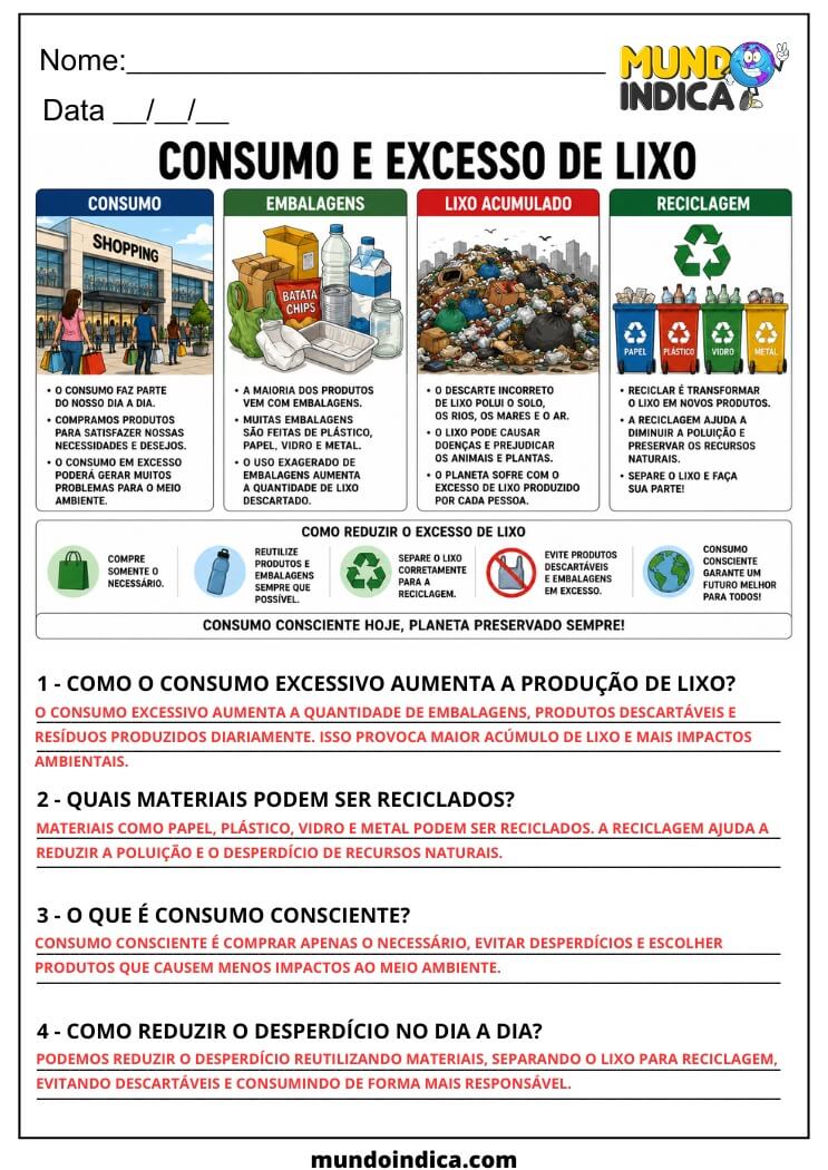 Atividade de Geografia 7º Ano sobre Consumo, Reciclagem e Impactos Ambientais (EF07GE06)