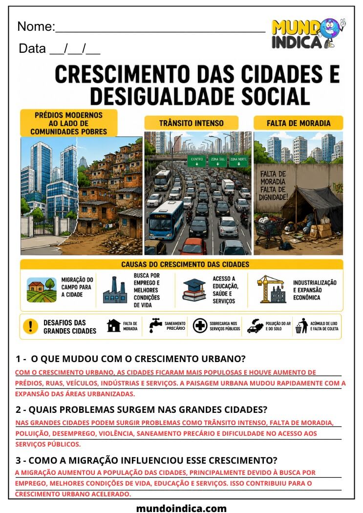 Atividade de Geografia 7º Ano sobre Crescimento Urbano, Migração e Desigualdade Social (EF07GE02)