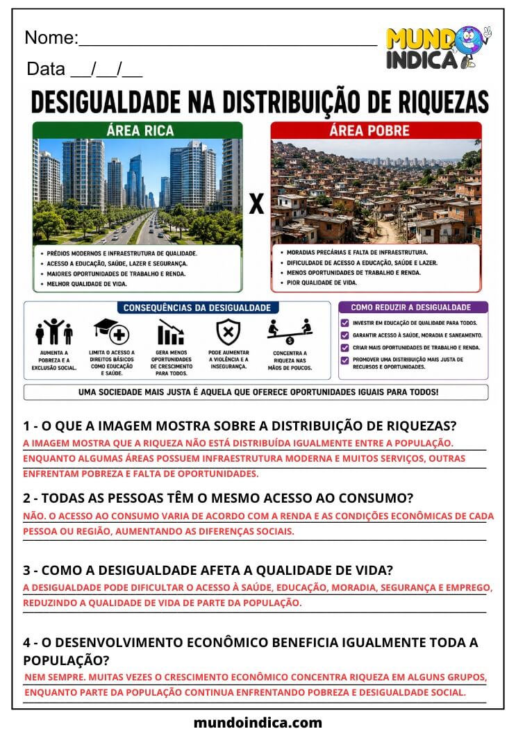 Atividade de Geografia 7º Ano sobre Desigualdade Social e Distribuição de Riquezas no Brasil (EF07GE06)