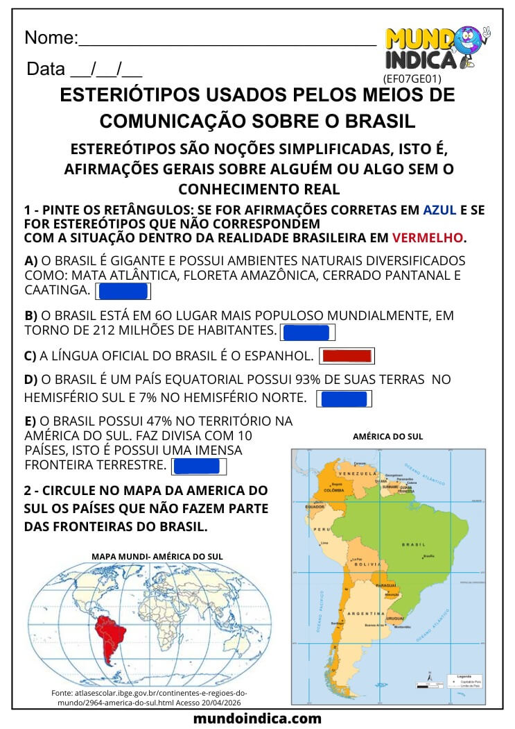 Atividade de Geografia 7º Ano sobre Estereótipos do Brasil e Formação Territorial Brasileira (EF07GE01)
