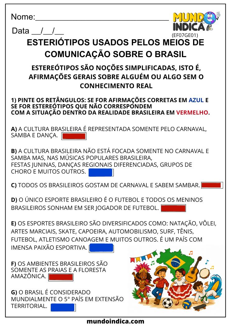 Atividade de Geografia 7º Ano sobre Estereótipos do Brasil nos Meios de Comunicação e Formação Territorial Brasileira (EF07GE01)