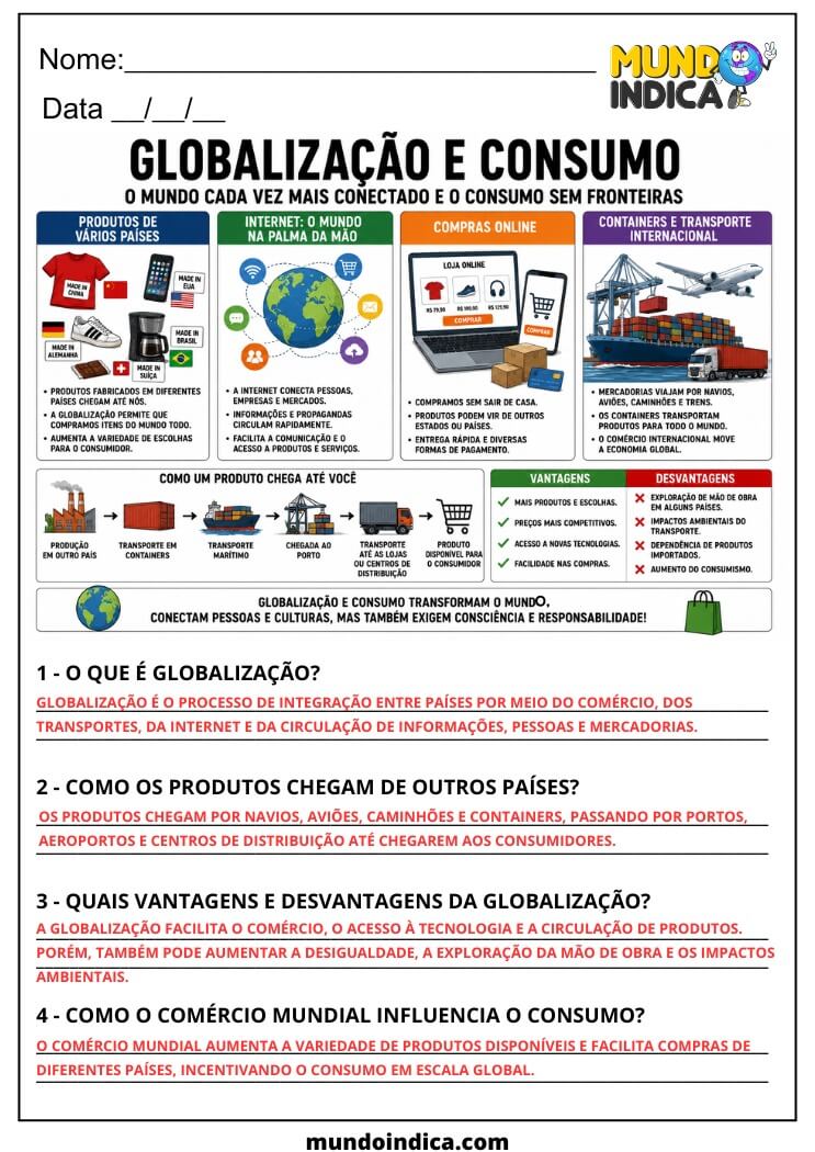 Atividade de Geografia 7º Ano sobre Globalização, Comércio Mundial e Consumo (EF07GE06)