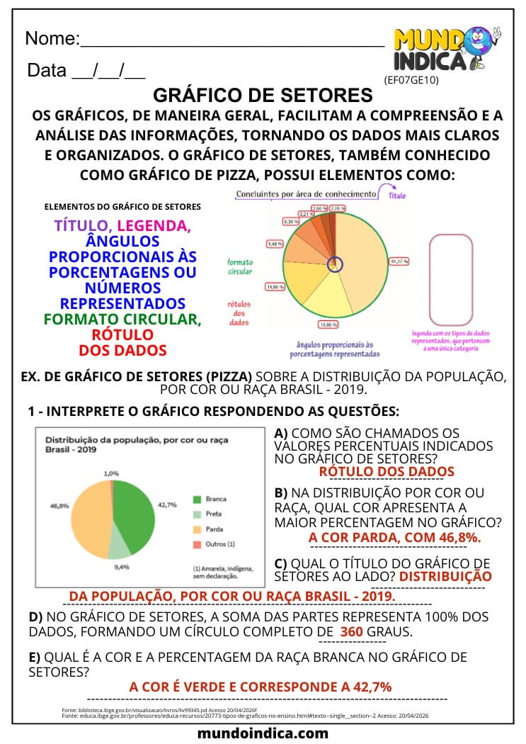 Atividade de Geografia 7º Ano sobre Gráfico de Setores e Representação de Dados Populacionais (EF07GE10)