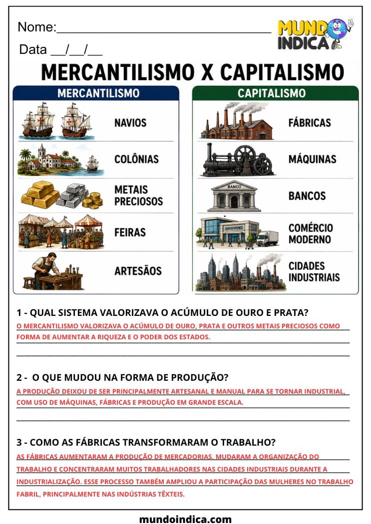 Atividade de Geografia 7º Ano sobre Produção, Circulação de Mercadorias, Mercantilismo e Capitalismo (EF07GE05)
