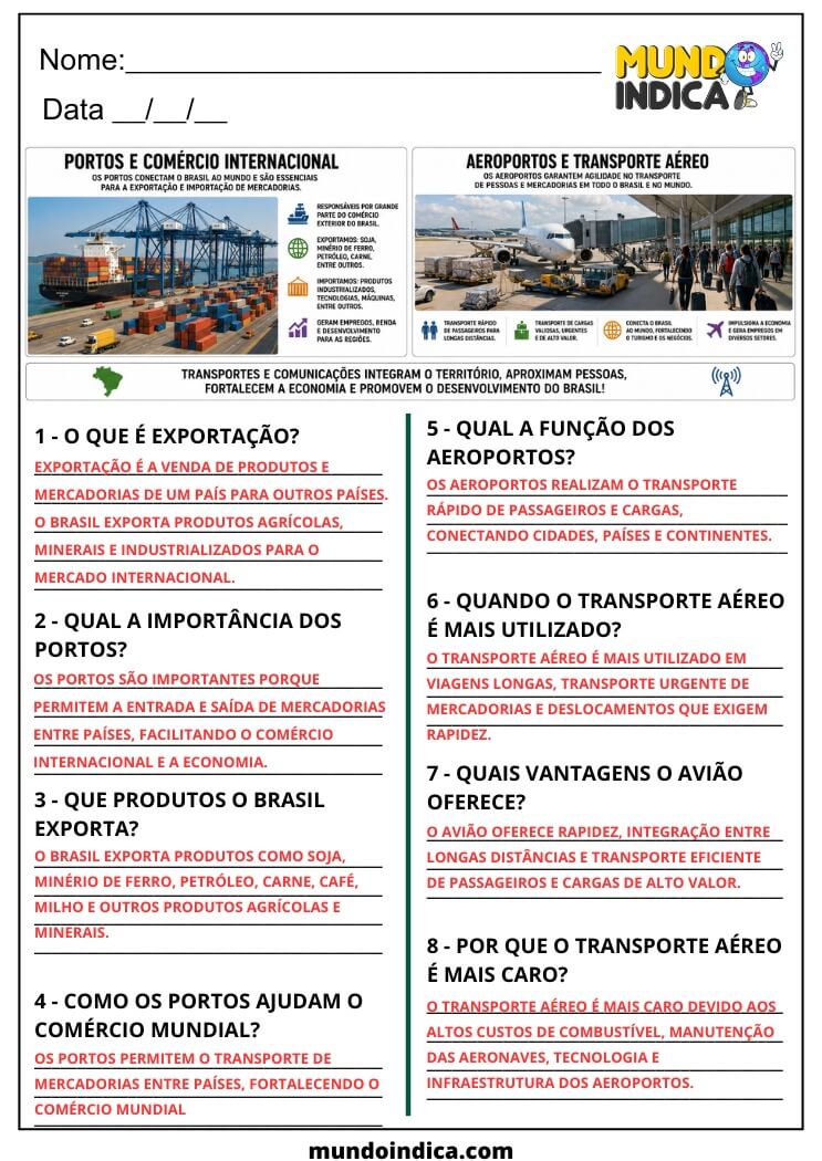 Atividade de Geografia 7º Ano sobre Redes de Transporte, Portos e Aeroportos no Brasil (EF07GE07)
