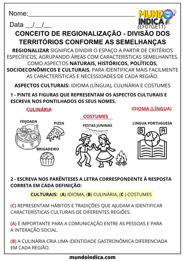 Atividade de Geografia 7º Ano sobre Regionalização e Aspectos Culturais das Regiões (EF07GE11)