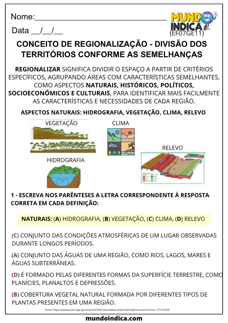 Atividade de Geografia 7º Ano sobre Regionalização e Aspectos Naturais do Território Brasileiro (EF07GE11)