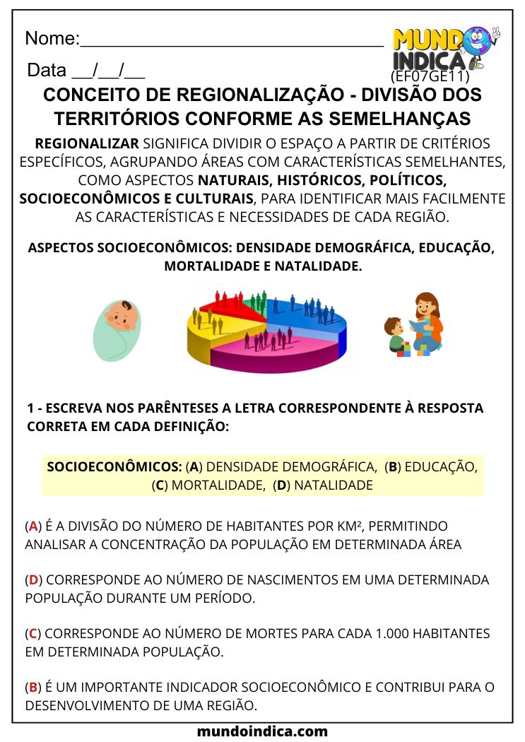 Atividade de Geografia 7º Ano sobre Regionalização e Aspectos Socioeconômicos do Território (EF07GE11)