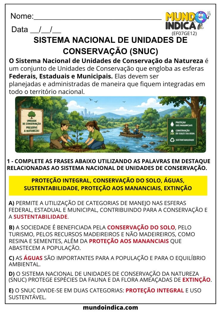 Atividade de Geografia 7º Ano sobre Sistema Nacional de Unidades de Conservação – SNUC e Biodiversidade Brasileira (EF07GE12)