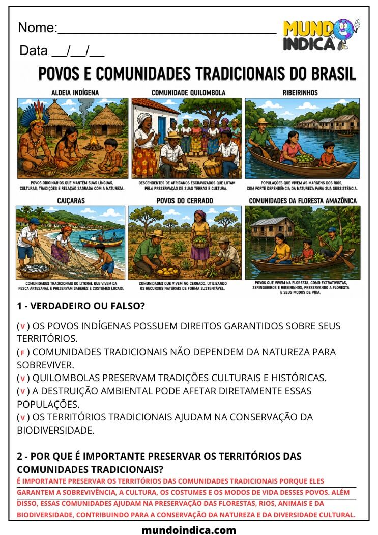 Atividade de Geografia 7º Ano sobre Territorialidades dos Povos e Comunidades Tradicionais (EF07GE03)