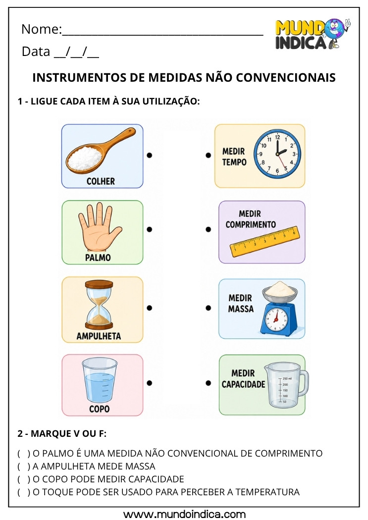 Atividade de Grandezas e Medidas 4º Ano com Associação entre Instrumentos de Medida Não Convencionais e suas Funções de Medir Tempo, Comprimento, Massa e Capacidade