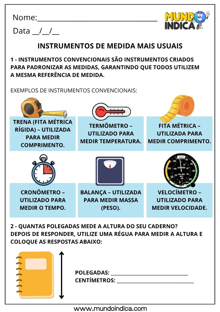 Atividade de Grandezas e Medidas 4º Ano com Instrumentos de Medida Convencionais para Imprimir