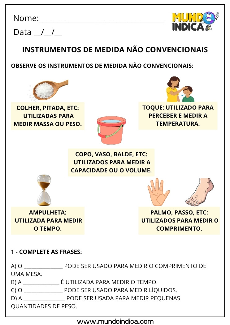 Atividade de Grandezas e Medidas 4º Ano com Instrumentos de Medida Não Convencionais como Colher, Palmo, Ampulheta, Balde e Toque