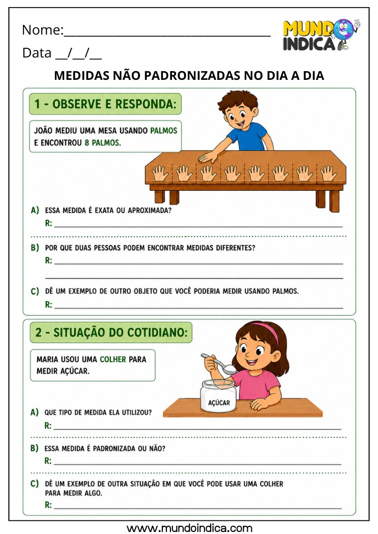 Atividade de Grandezas e Medidas 4º Ano com Medidas Não Padronizadas no Cotidiano Utilizando Palmos e Colher para Estimativa de Comprimento e Capacidade em Situações