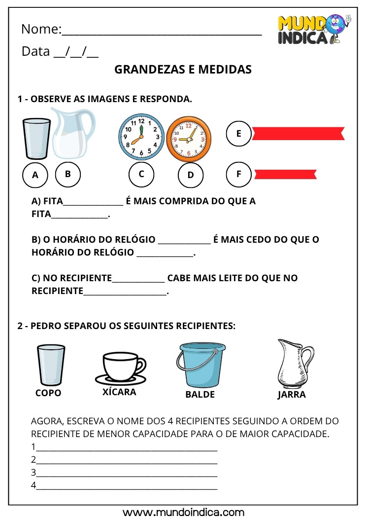 Atividade de Grandezas e Medidas para o 1º Ano para Imprimir
