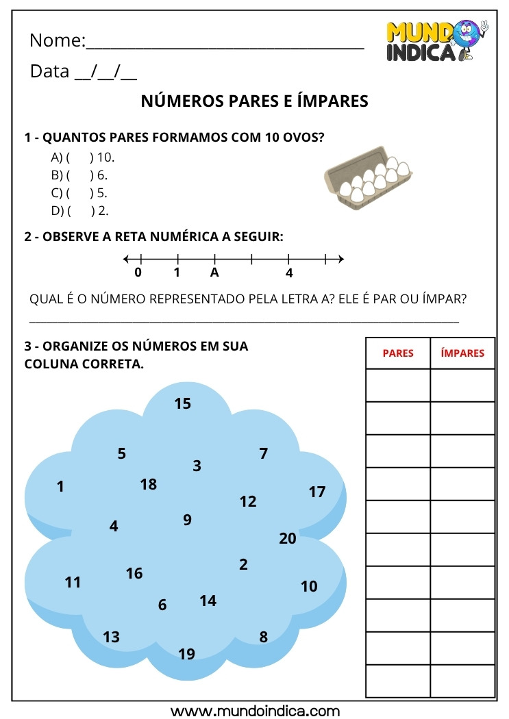 Atividade de Matemática 1º ano com Números Pares e Ímpares