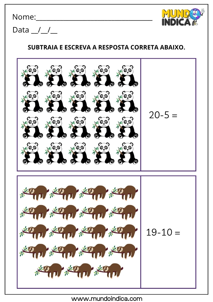 Atividade de Matemática 1º ano com Subtração