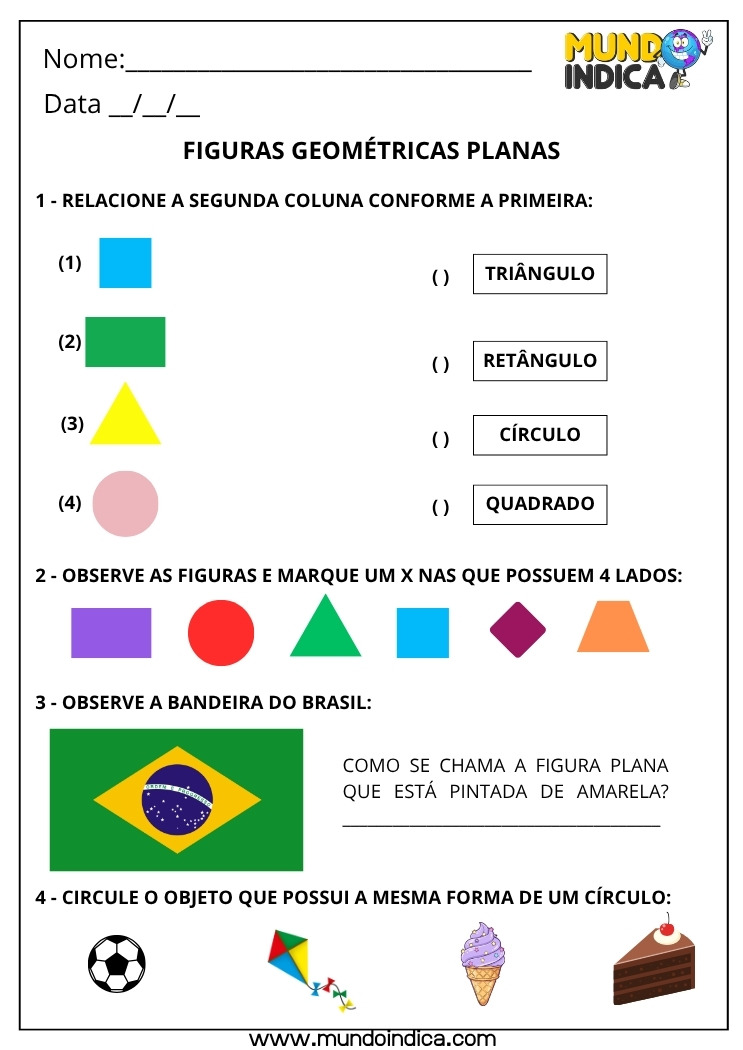 Atividade de Matemática 1º ano sobre Figuras Geométricas Planas