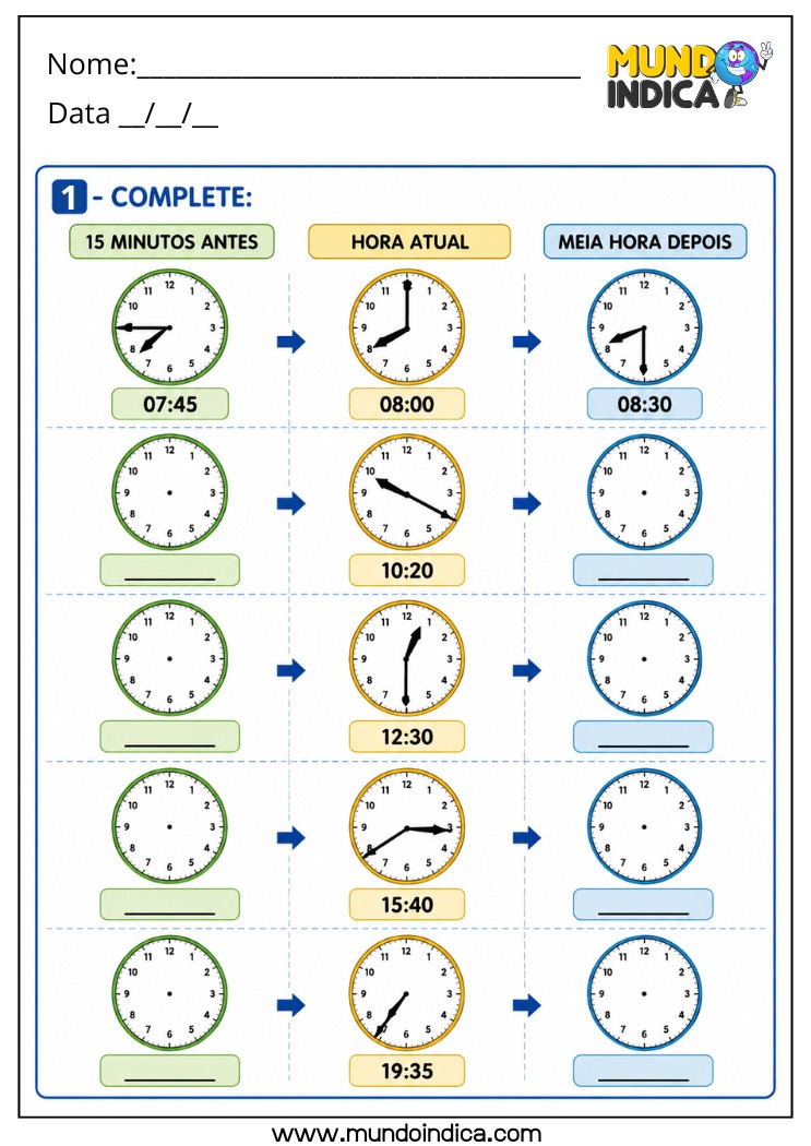 Atividade de Matemática 4º Ano com Antecessor e Sucessor de Horários no Relógio Analógico