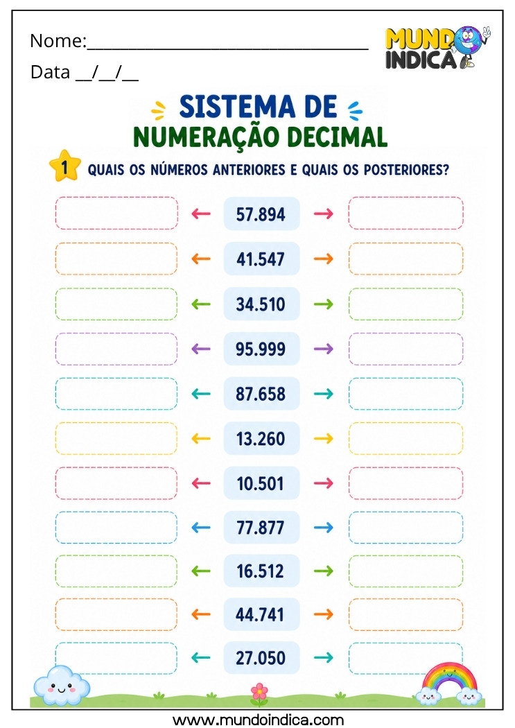 Atividade de Matemática 4º Ano com Antecessor e Sucessor no Sistema de Numeração Decimal