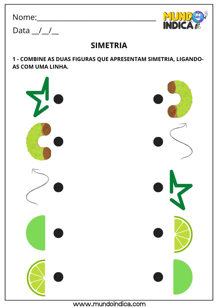 Atividade de Matemática 4º Ano com Associação de Figuras Simétricas com Elementos Ilustrados do Cotidiano