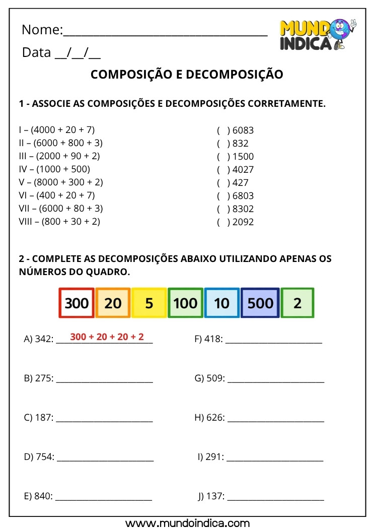 Atividade de Matemática 4º Ano com Associação entre Composição e Decomposição de Números no Sistema de Numeração Decimal BNCC