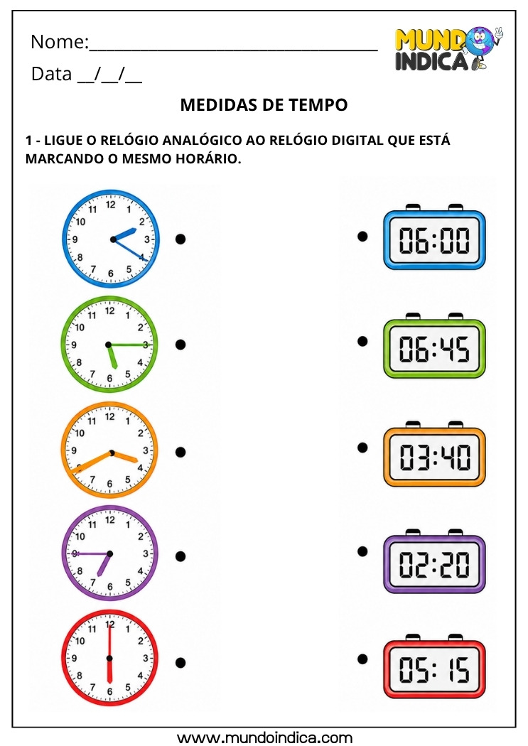 Atividade de Matemática 4º Ano com Associação entre Relógio Analógico e Digital para Leitura de Horas
