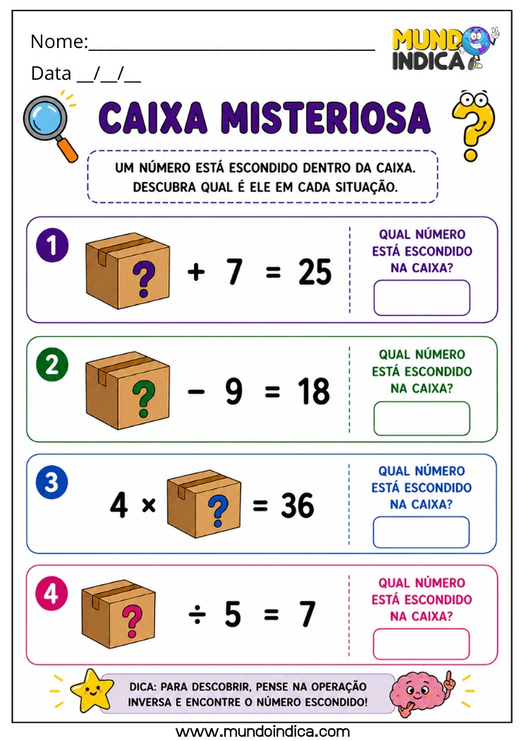 Atividade de Matemática 4º Ano com Caixa Misteriosa e Número Desconhecido para Imprimir