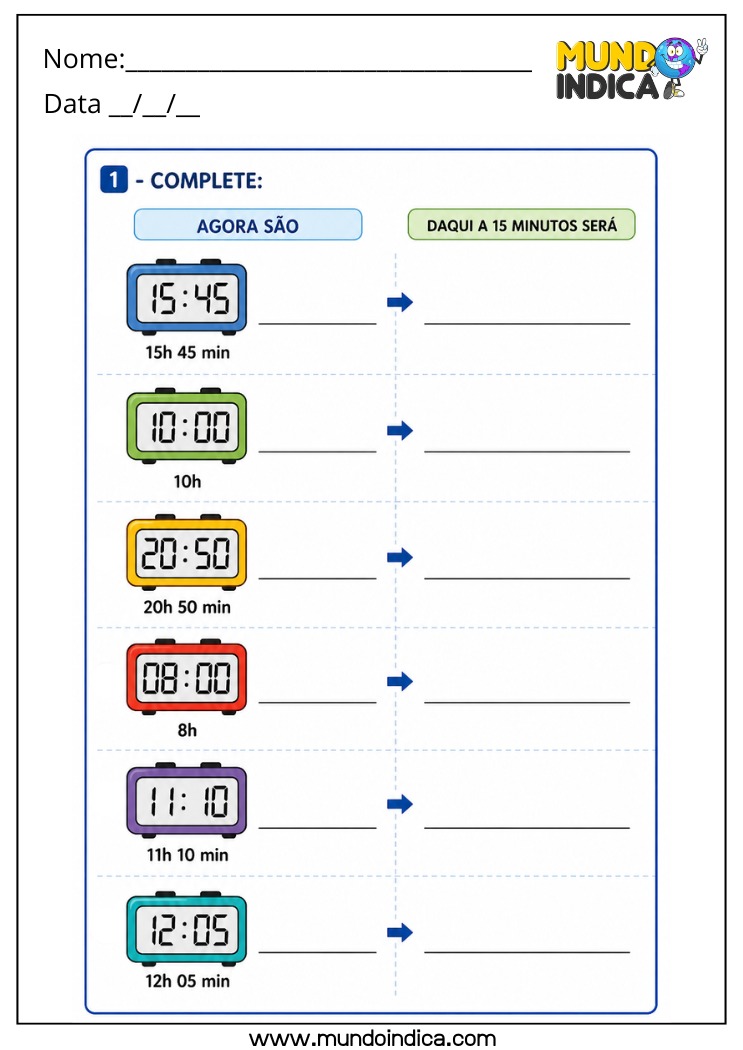 Atividade de Matemática 4º Ano com Cálculo de Intervalos de Tempo e Situações com Horas e Minutos no Relógio