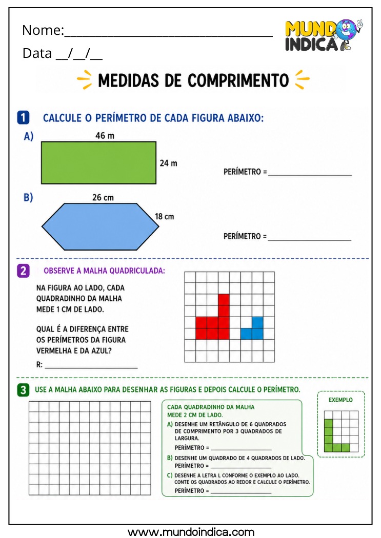 Atividade de Matemática 4º Ano com Cálculo de Perímetro Utilizando Malha Quadriculada e Figuras Geométricas