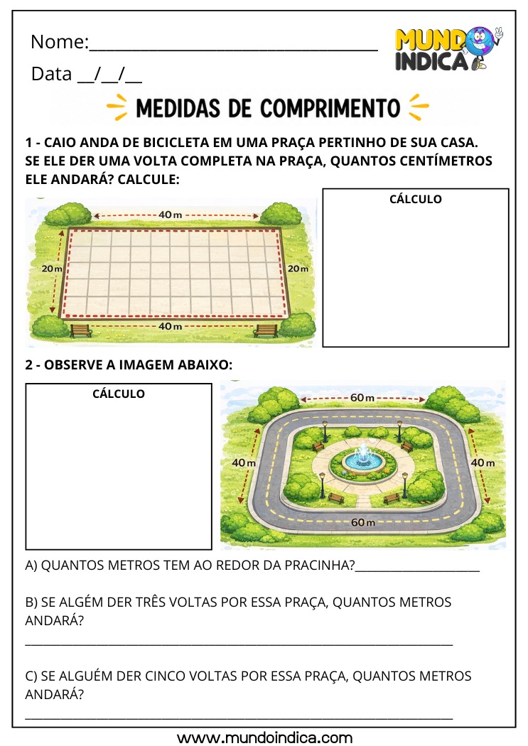 Atividade de Matemática 4º Ano com Cálculo de Perímetro em Figuras e Situações Problema com Medidas em Metros
