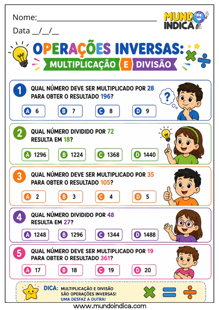 Atividade de Matemática 4º Ano com Cálculo de Valores Desconhecidos usando Multiplicação e Divisão Inversas