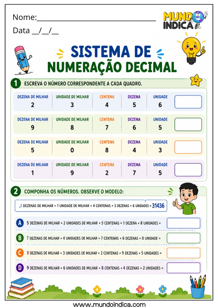 Atividade de Matemática 4º Ano com Composição e Leitura de Números Naturais até Dezena de Milhar