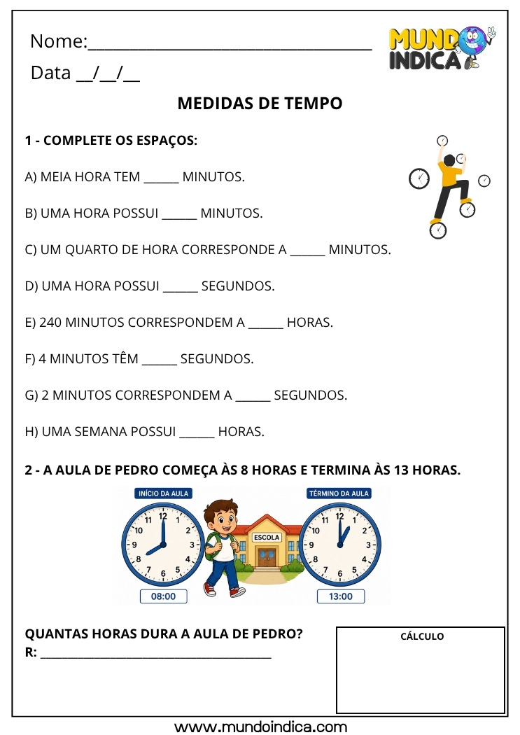 Atividade de Matemática 4º Ano com Conversão de Medidas de Tempo e Cálculo de Duração de Eventos em Horas e Minutos