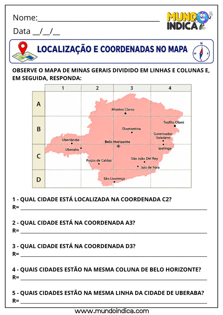 Atividade de Matemática 4º Ano com Coordenadas em Mapas e Localização Espacial para Imprimir