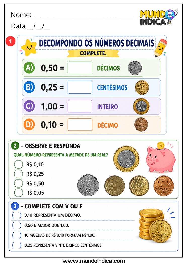 Atividade de Matemática 4º Ano com Decomposição de Números Decimais em Décimos e Centésimos