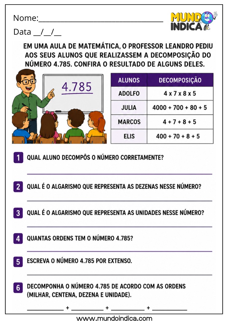 Atividade de Matemática 4º Ano com Decomposição de Números Naturais e Análise de Estratégias de Alunos para Cálculo Mental