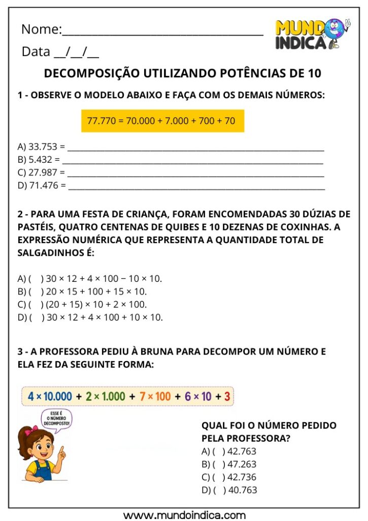 Atividades de Matemática 4º Ano com Composição e Decomposição de ...