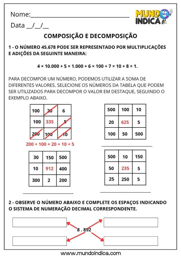 Atividades de Matemática 4º Ano com Composição e Decomposição de ...