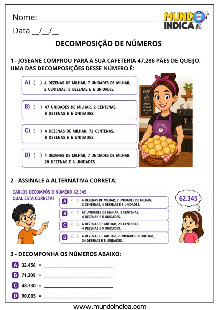 Atividade de Matemática 4º Ano com Decomposição de Números e Alternativas sobre Sistema de Numeração Decimal BNCC