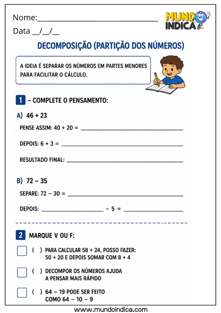 Atividade de Matemática 4º Ano com Decomposição de Números para Resolver Adição e Subtração