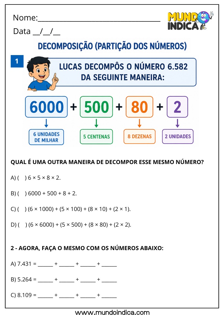 Atividade de Matemática 4º Ano com Decomposição de Números por Ordens e Valor Posicional para Cálculo Mental