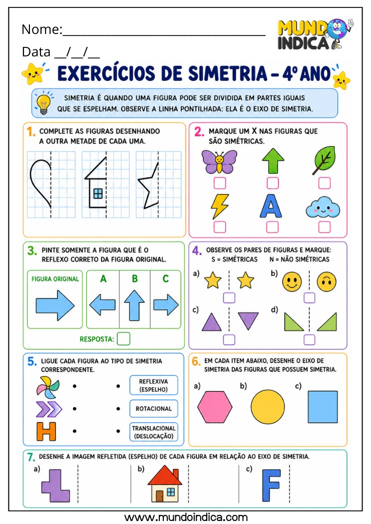 Atividade de Matemática 4º Ano com Exercícios de Simetria (Identificação, Reflexão e Classificação)