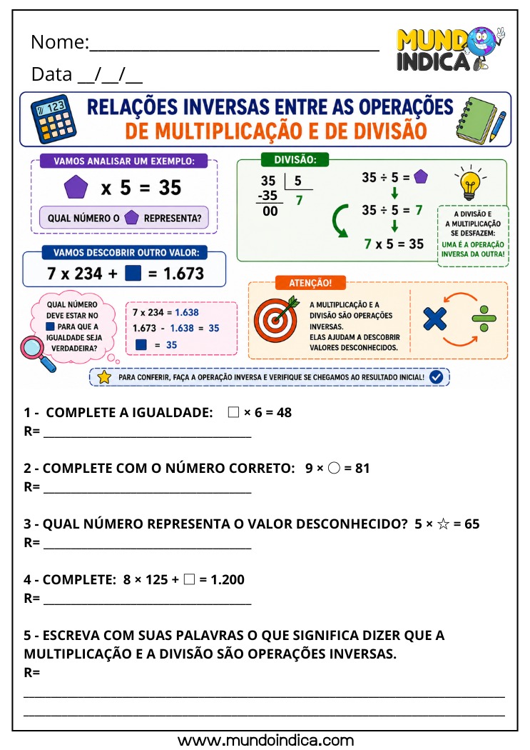Atividade de Matemática 4º Ano com Expressões Numéricas e Relações Inversas entre Multiplicação e Divisão