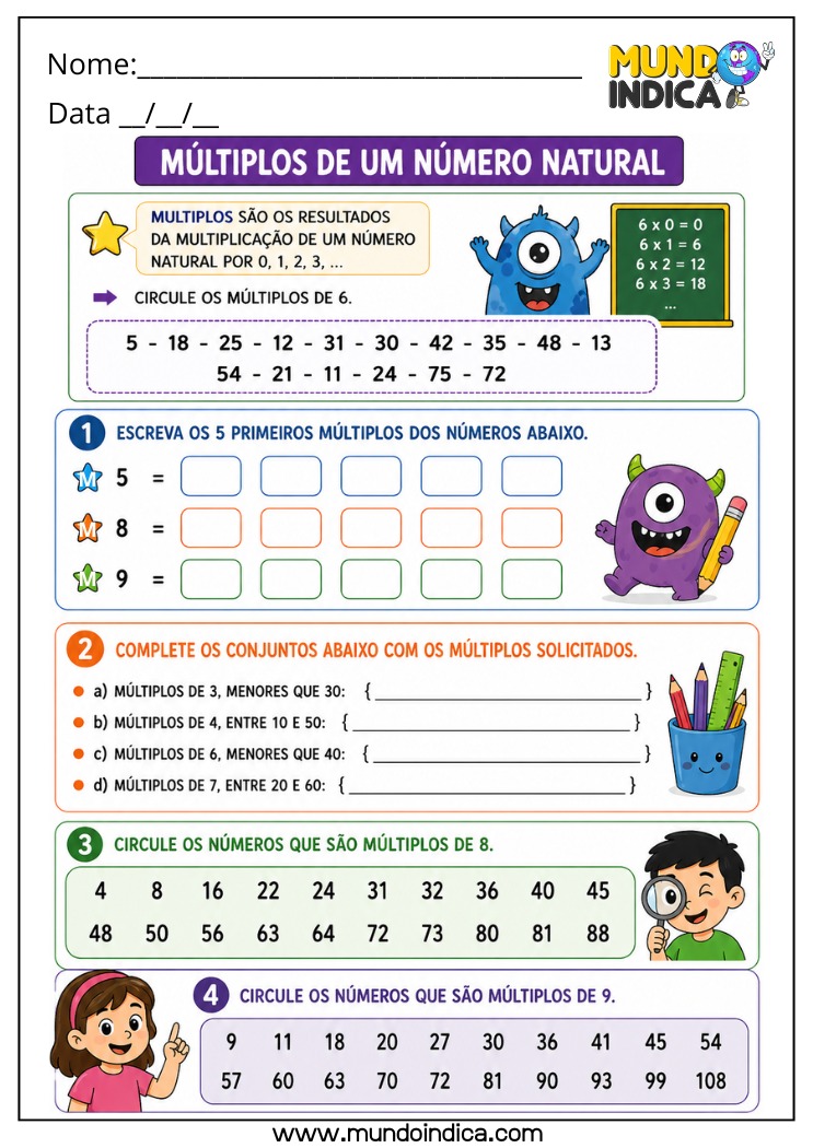 Atividade de Matemática 4º Ano com Identificação de Múltiplos de 3, 4, 5, 6, 7, 8 e 9 e Formação de Conjuntos