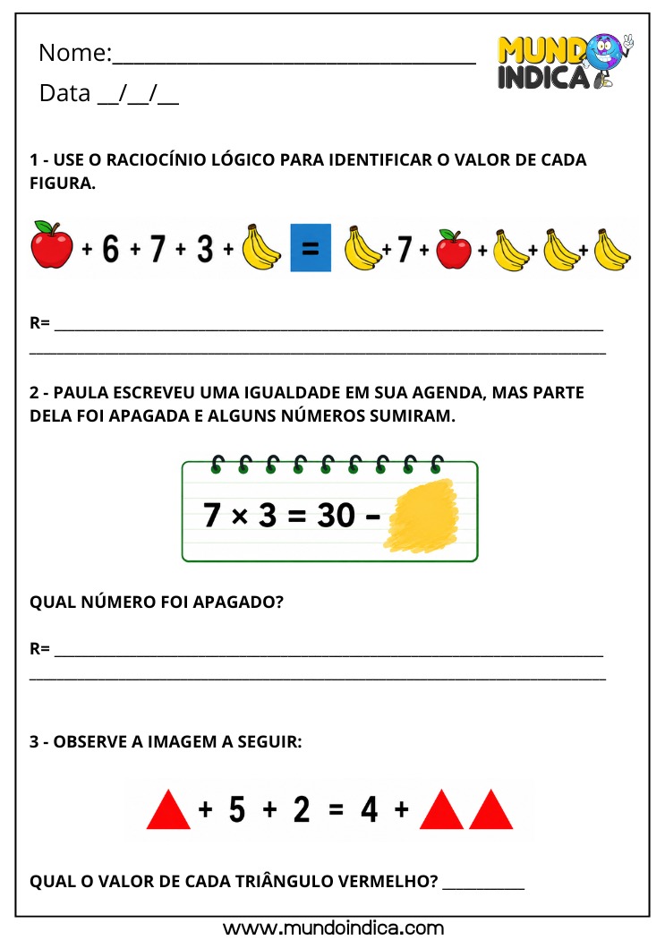 Atividade de Matemática 4º Ano com Igualdade e Raciocínio Lógico para Imprimir