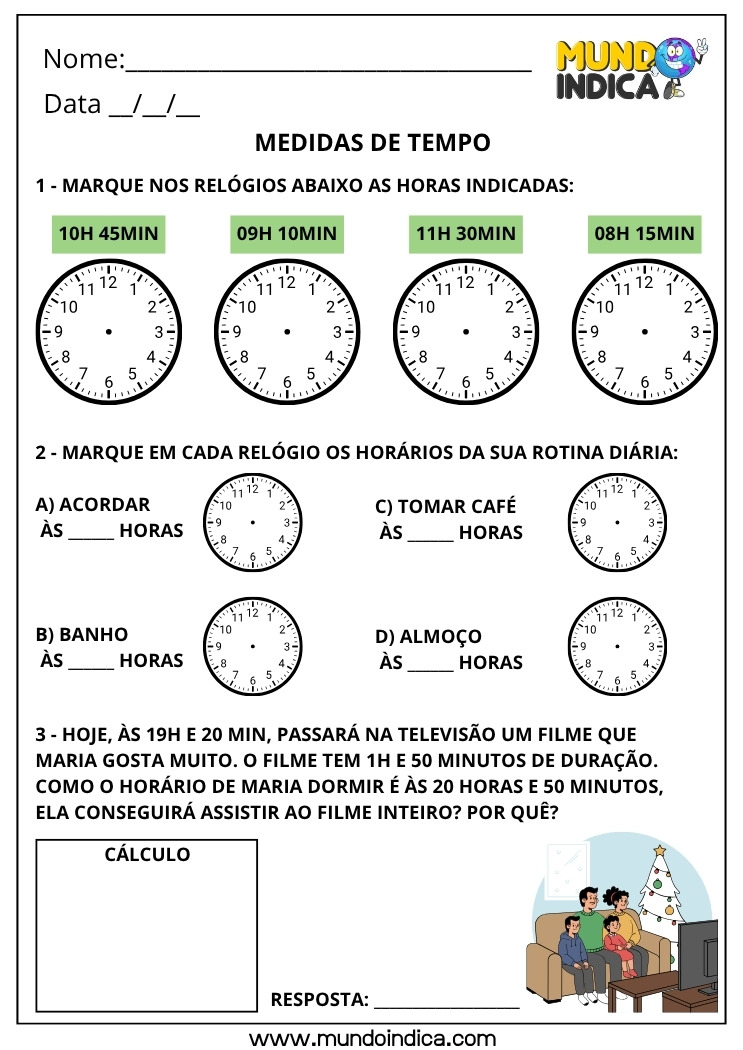 Atividade de Matemática 4º Ano com Leitura de Horas em Relógios Analógicos e Organização da Rotina Diária com Problemas de Tempo