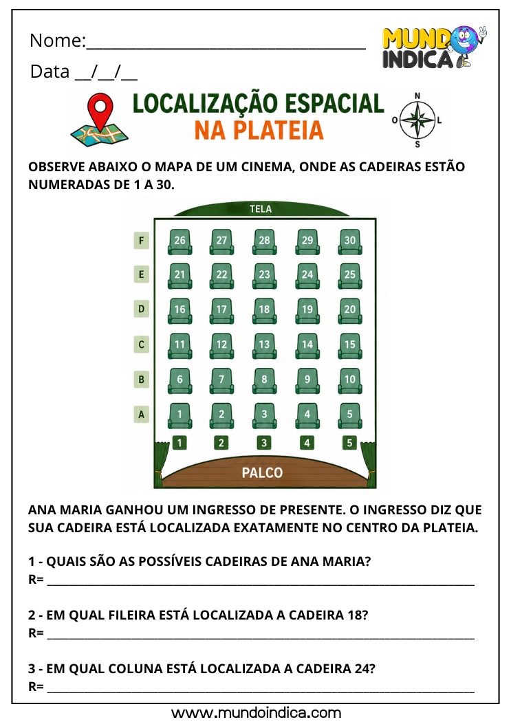 Atividade de Matemática 4º Ano com Localização Espacial e Identificação de Posição na Plateia para Imprimir